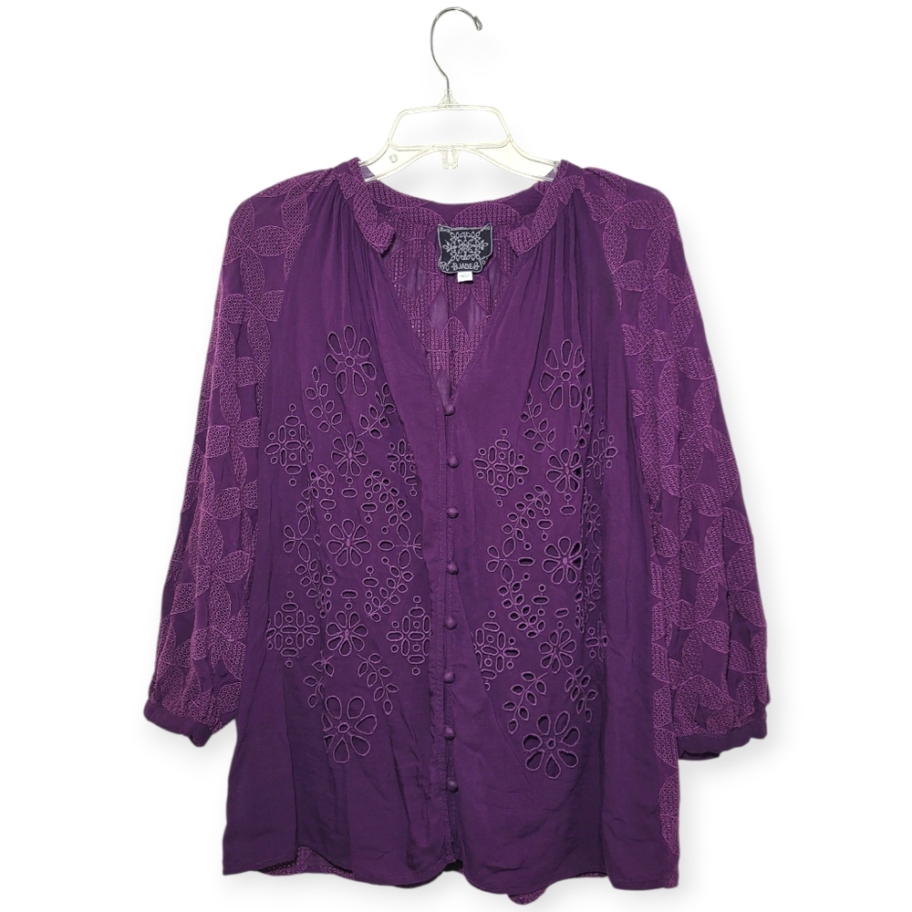 JOHNNY WAS Valerie Peasant Blouse In Purple Embroidered Top XS